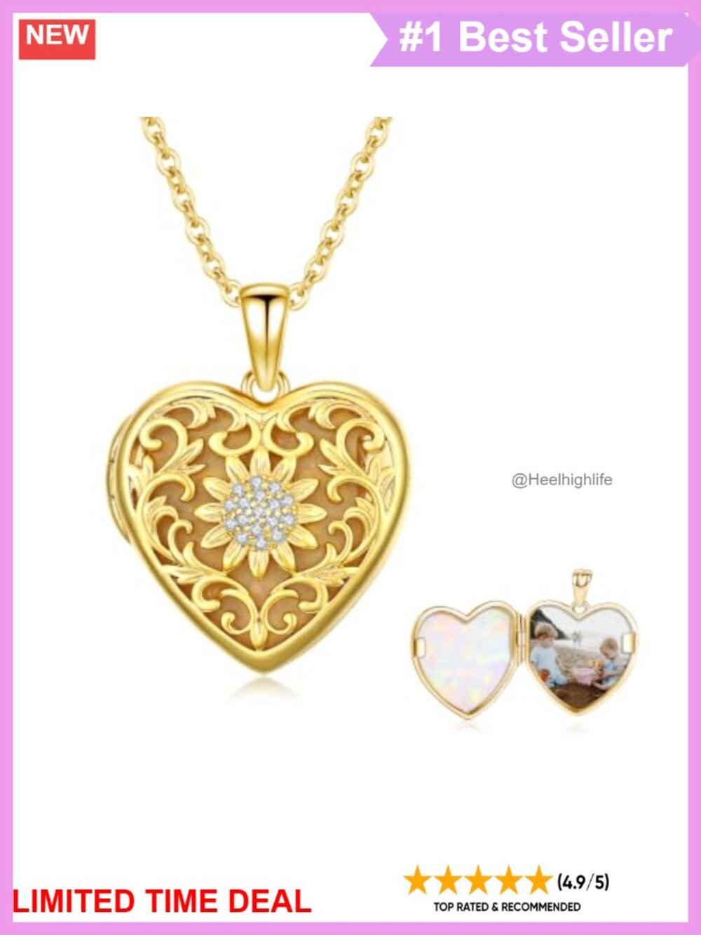 Sunflower Photo Locket Necklace Yellow Gold Opal Inlay CZ Pendant Gift for Her